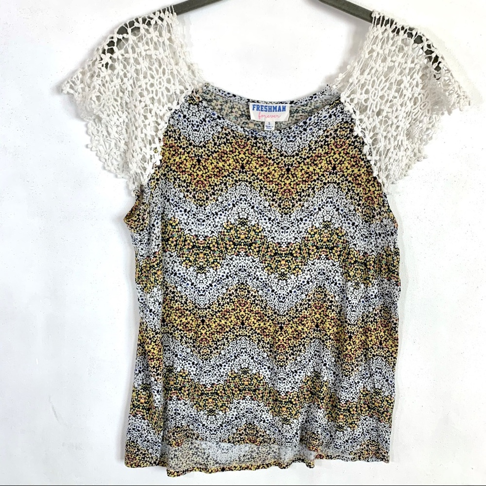 Freshman Forever Floral Crochet Sleeve Scoop Top